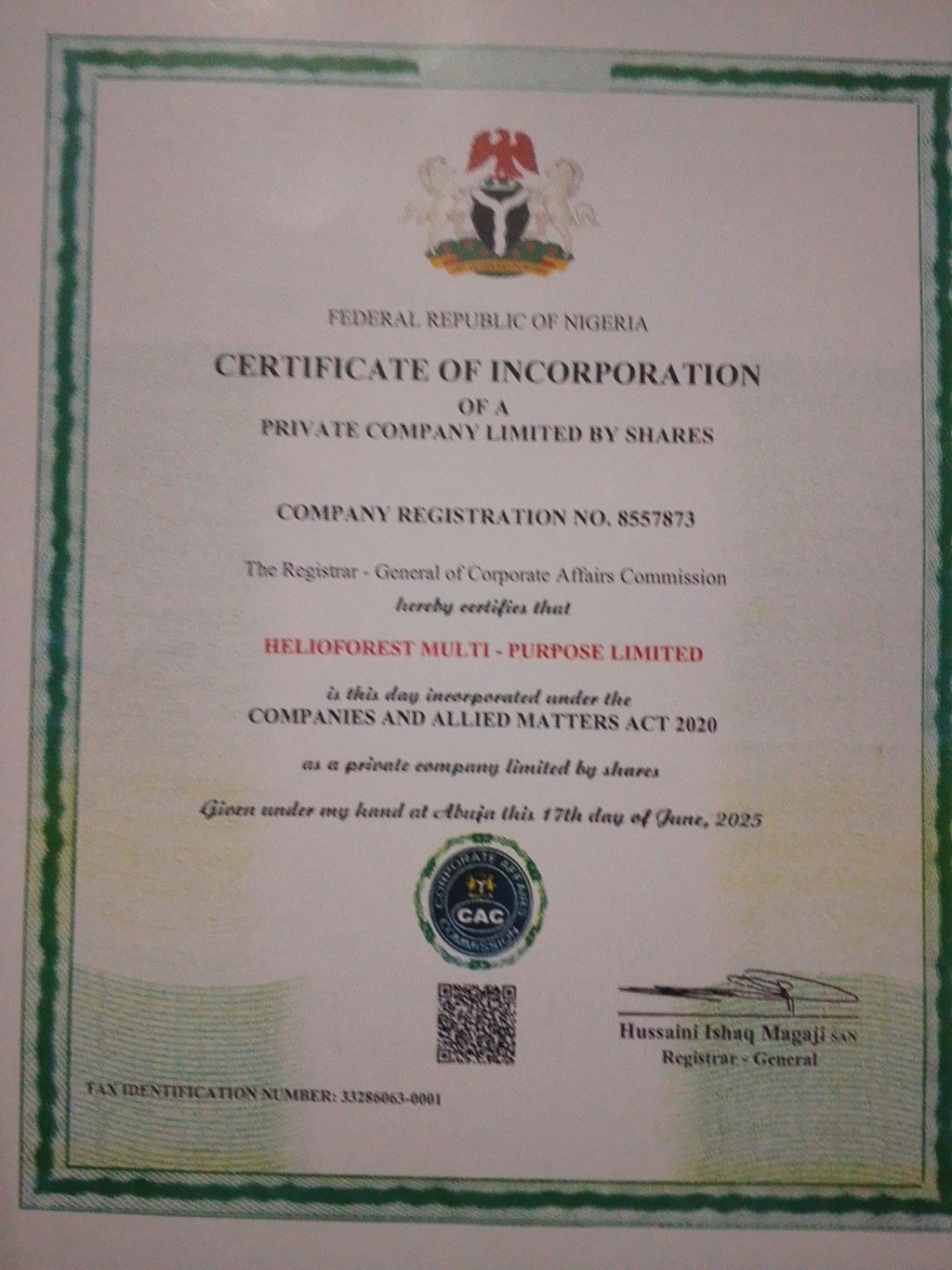 Helioforest Multipurpose Limited Certificate of Incorporation supplied by the company