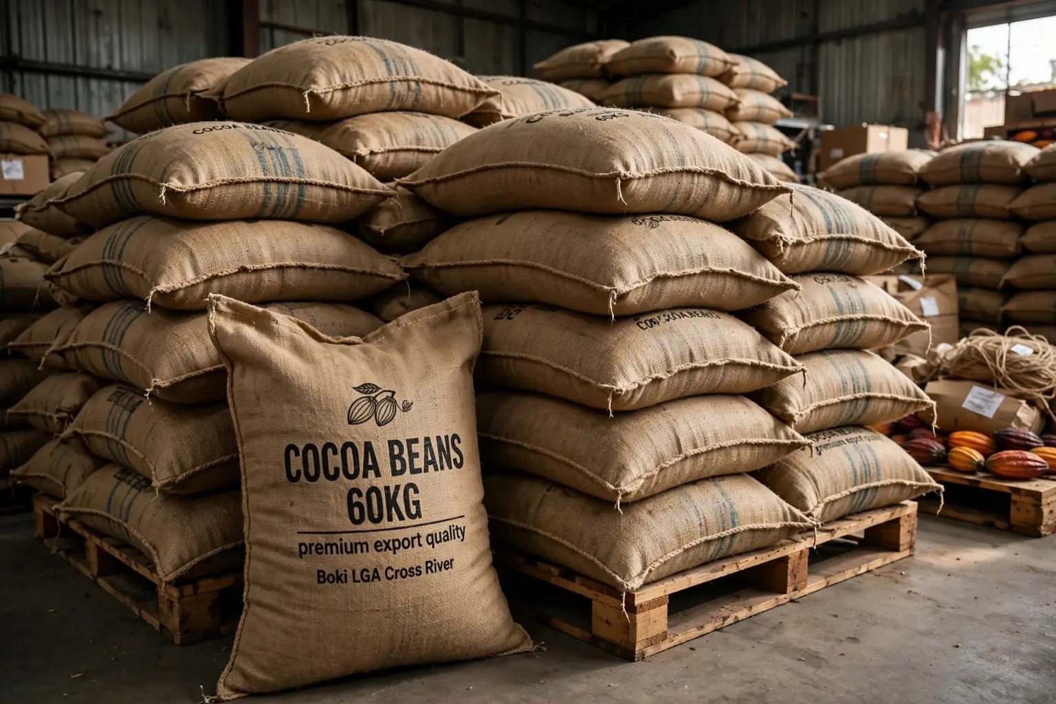 Cocoa beans in export sacks